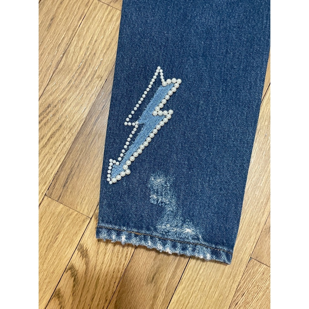 Sandro High-waist jeans lightning inserts faux pearl details Vintage Blue, Sz 4‎ - Picture 7 of 8